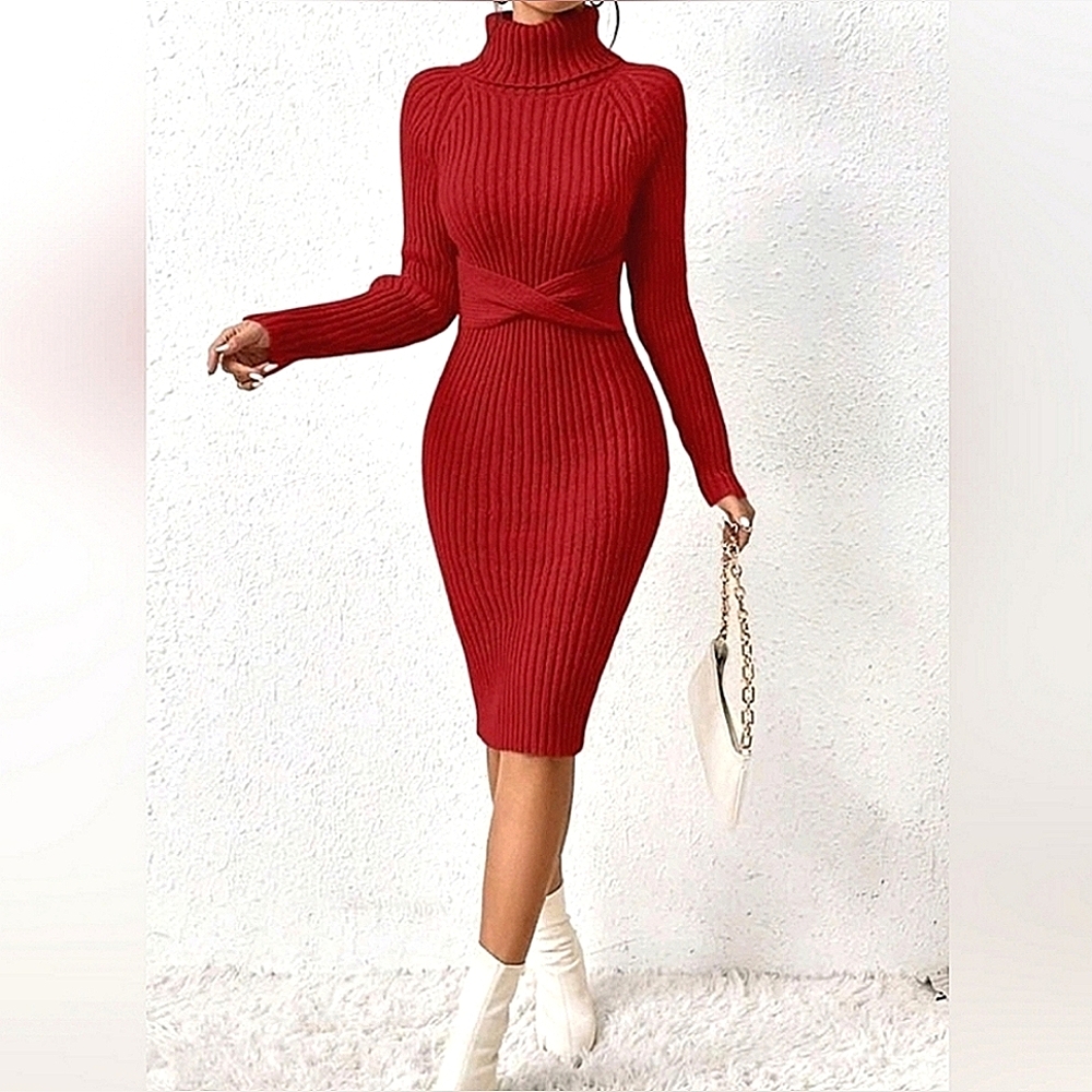 NEW Luxe Ribbed Knit Turtleneck Sweater Dress Bodycon Twist Waist Red